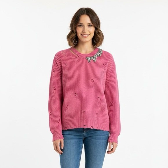 Pinko Sweaters - Pinko distressed ribbed knit sweater with a crystal-embellished collar